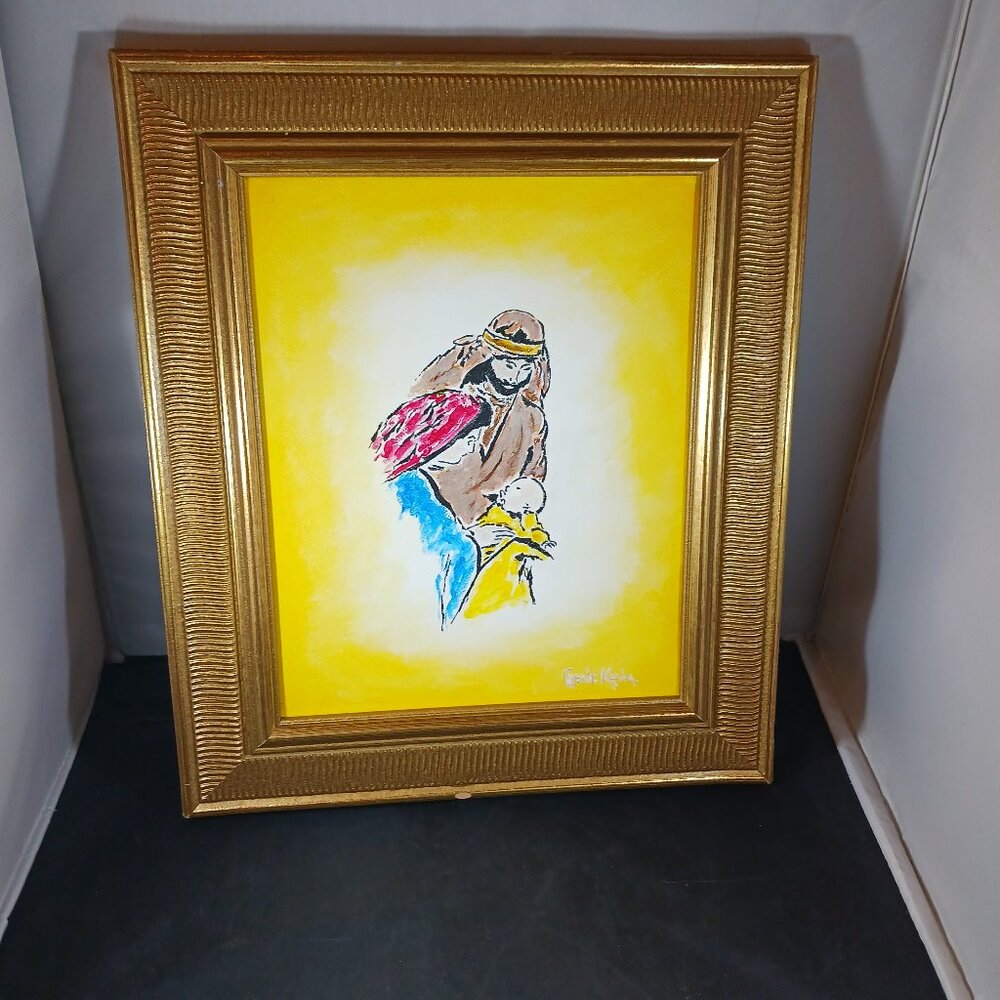 Vintage The Birth Of JESUS Painting Framed 8in x 10in